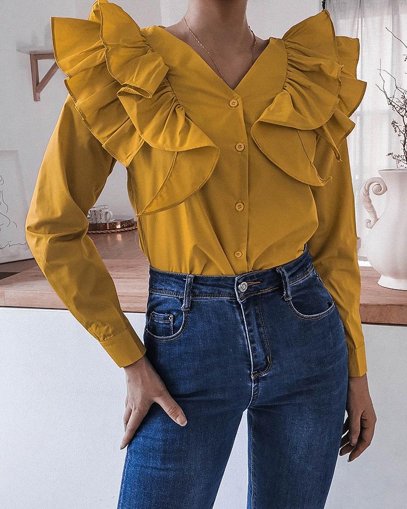 

Ruffles Bell Sleeve Casual Shirt, Yellow