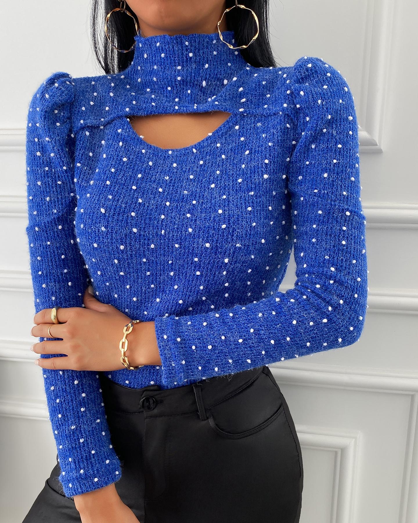 

High Neck Cutout Puffed Sleeve Knit Top, Blue