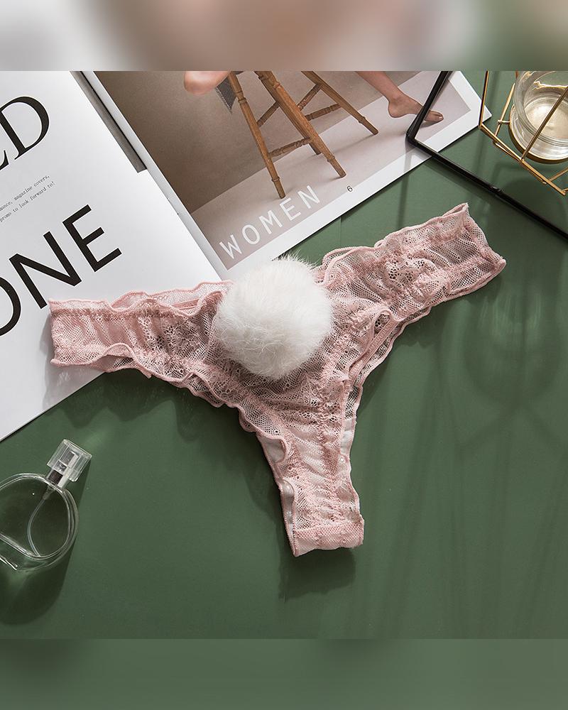 

Solid Lace Skinny T-string With Fluffy Ball Patch Panties, Pink