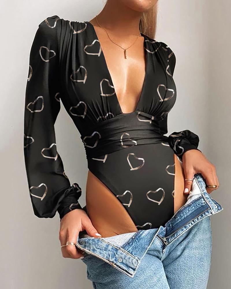 

Heart Print Lantern Sleeve Bodysuit, Black