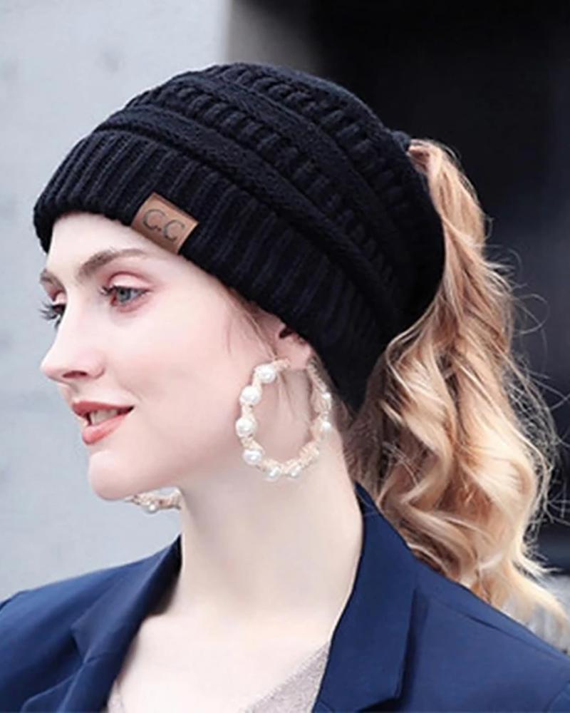 

Plain Soft Knit Ponytail Beanie Hat, Black