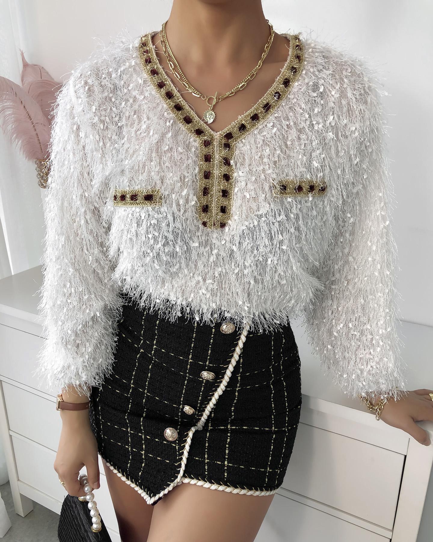 

Colorblock Fluffy Long Sleeve Sweater, White