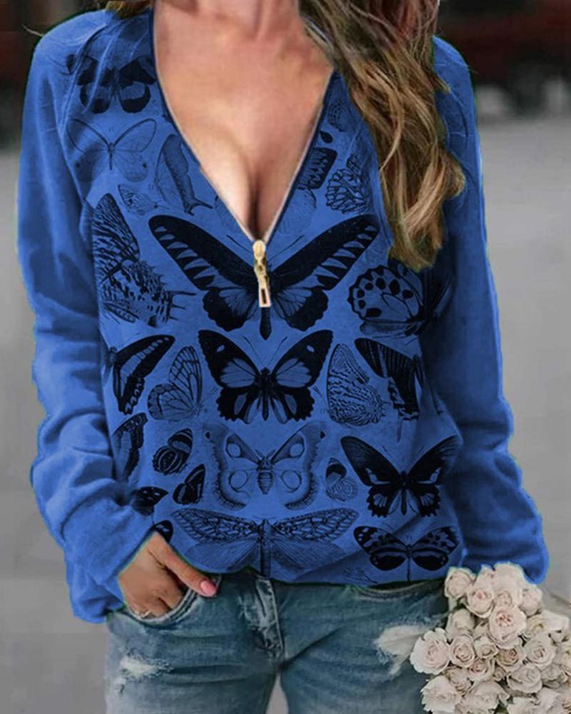 

Butterflies Print Long Sleeve Splicing Zipper Blouse, Blue