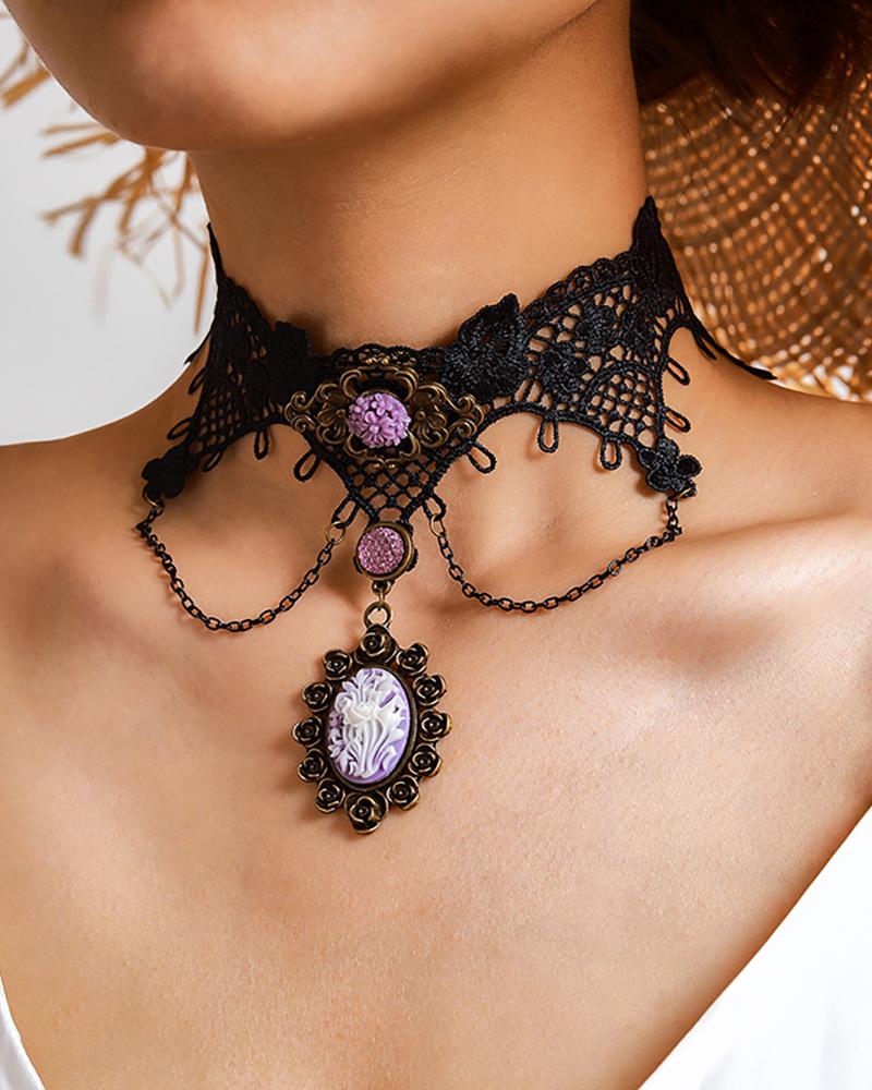 

Halloween Lace Floral Pattern Rhinestone Choker, Black