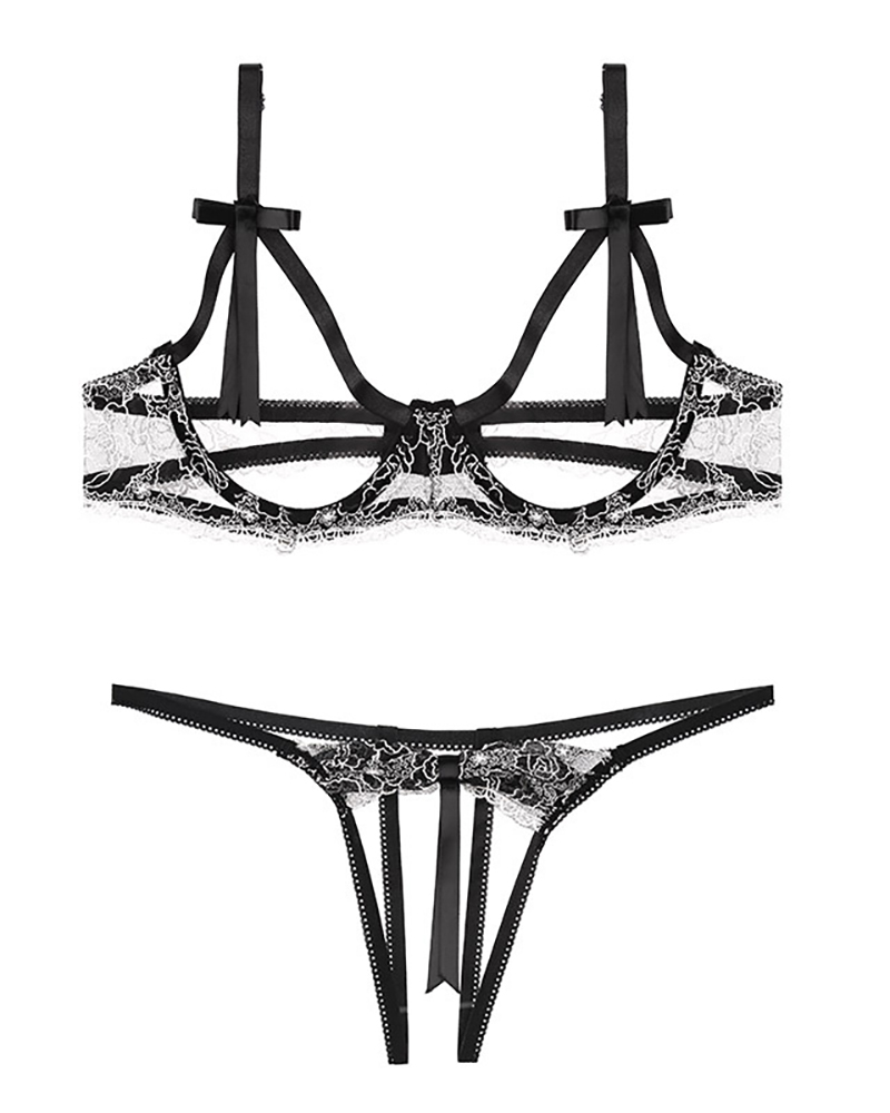 

Plain Sheer Mesh Lace Cutout Lingerie Set, Black