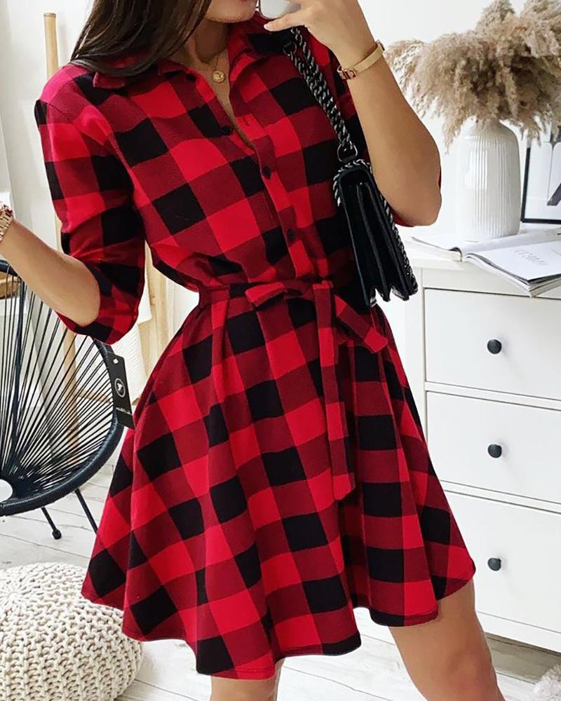 

Plaid Print Button Design Shirt Dress, Red