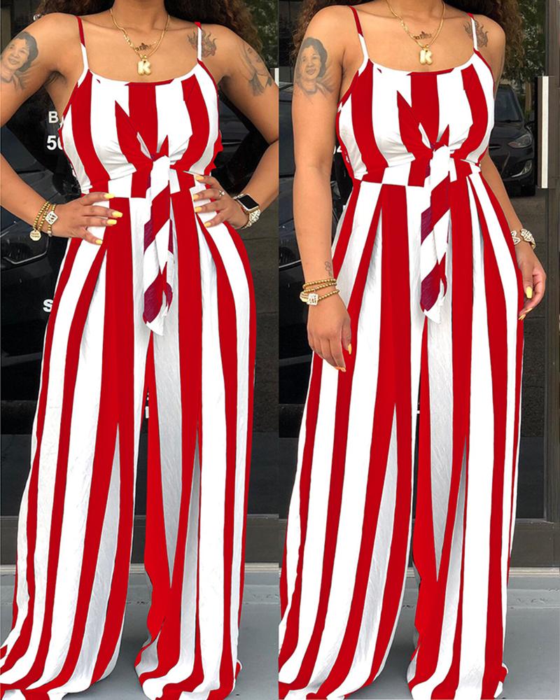 

U-Neck Spaghetti Strap Striped Jumpsuit, Red