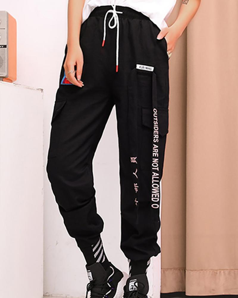 

Letter Tape Pocket Design Drawstring Cargo Pants, Black