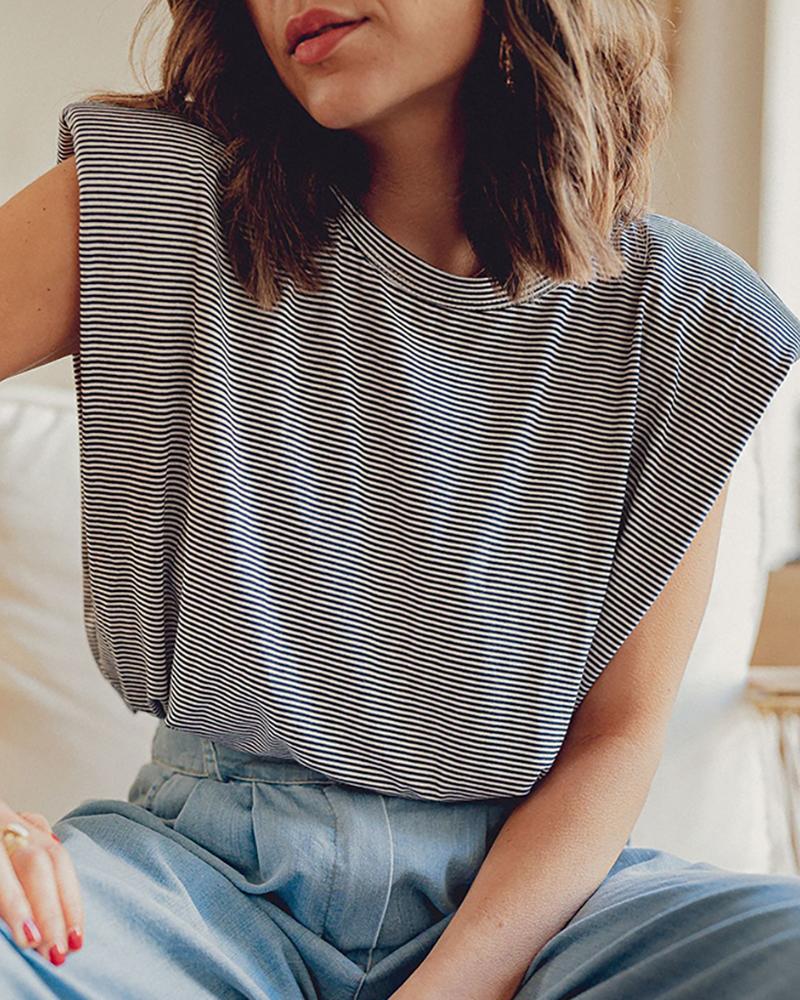 

Solid Striped Sleeveless Casual Top, Black&white