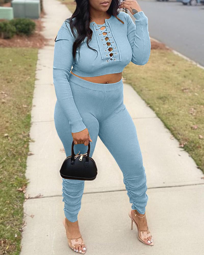 

Plain Eyelet Lace Up Top & Pants Set, Blue