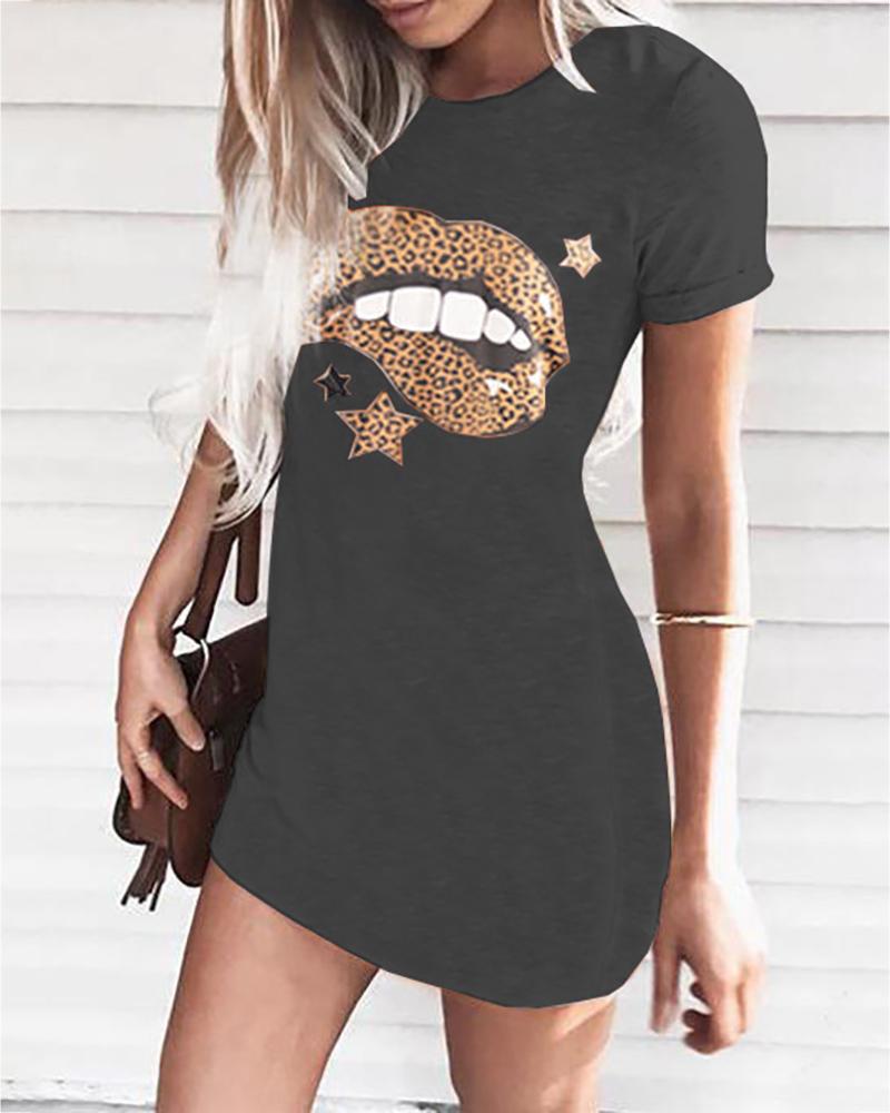 

Star Lip Leopard Print Casual Women Dress, Black