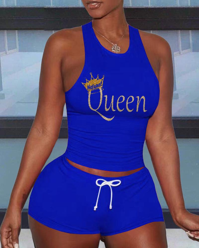 

Letter Print Sleeveless Cropped Top With Short Pants Active Sets, Blue
