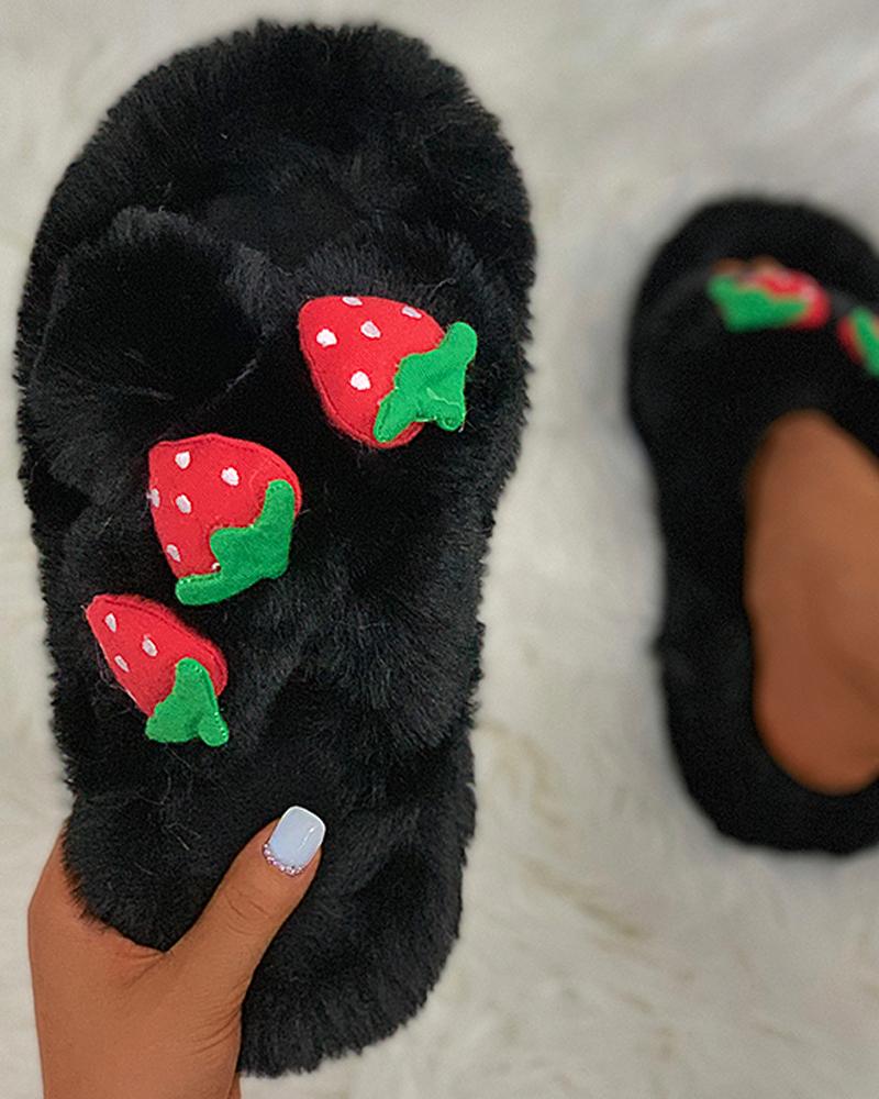 

Strawberry Pattern Crisscross Fluffy Slippers, Black