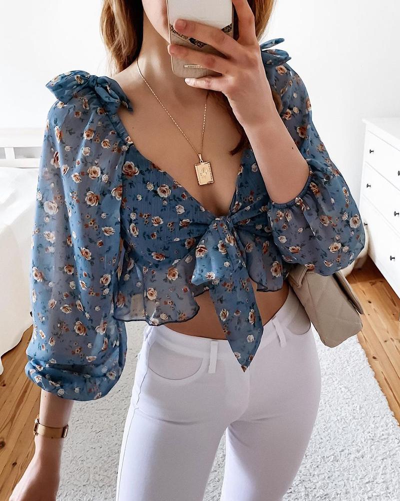 

Knotted Lantern Sleeve Bow Decor Floral Print Crop Top, Blue