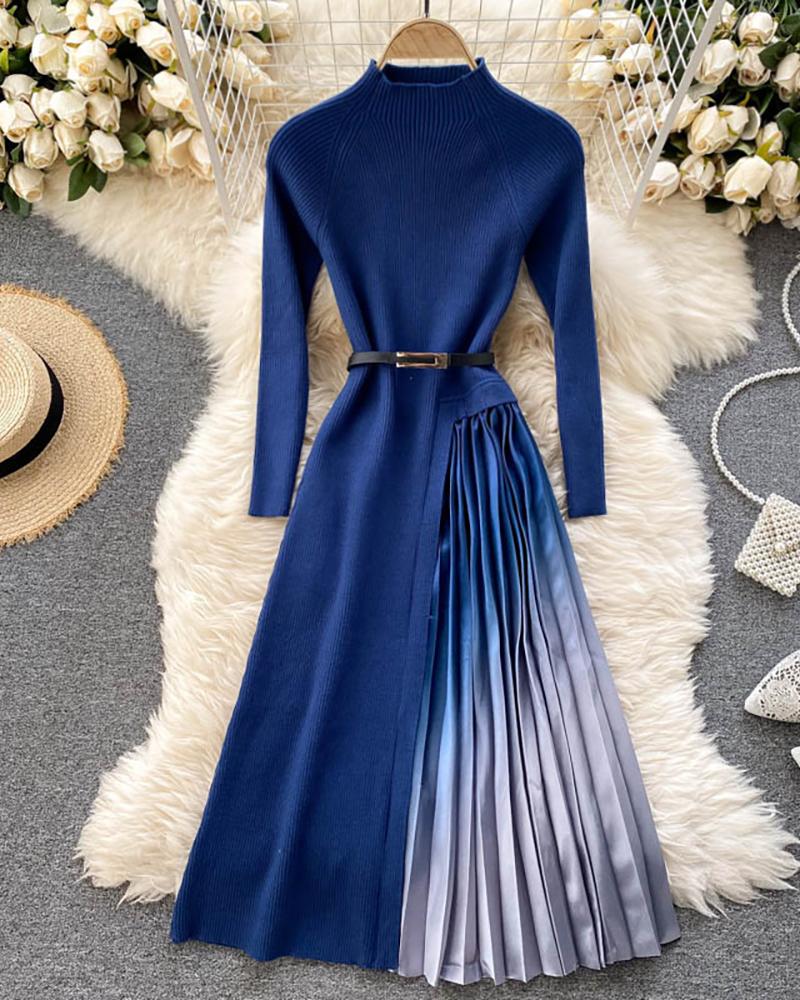 

Ombre Colorblock Pleated Long Sleeve Maxi Dress, Blue