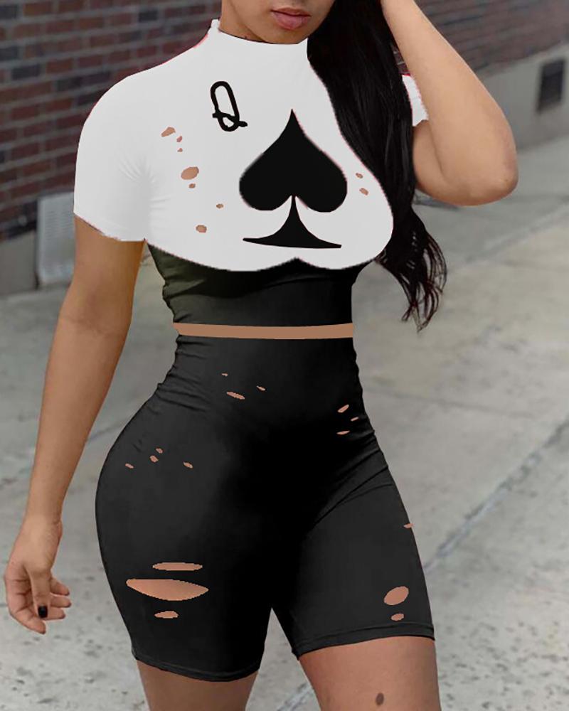 

Poker Print Cut Out Crop Top & Shorts Set, White