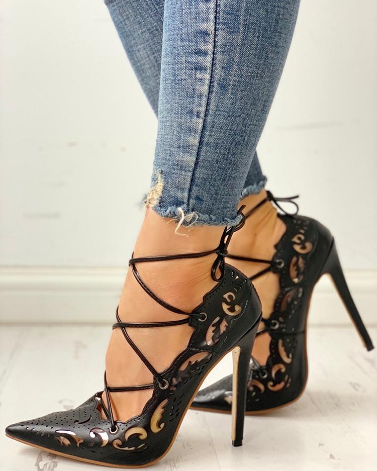 

Retro Hollow Out Bandage Stiletto Pumps, Black