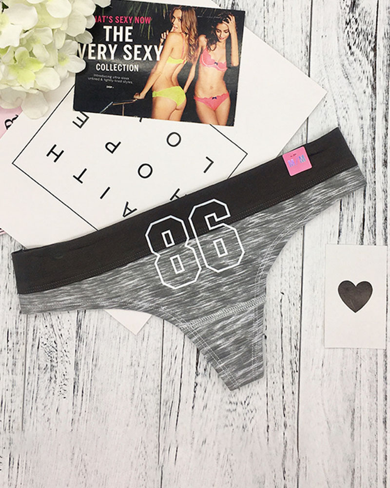 

Letter Print Colorblock Thong Panty, Gray
