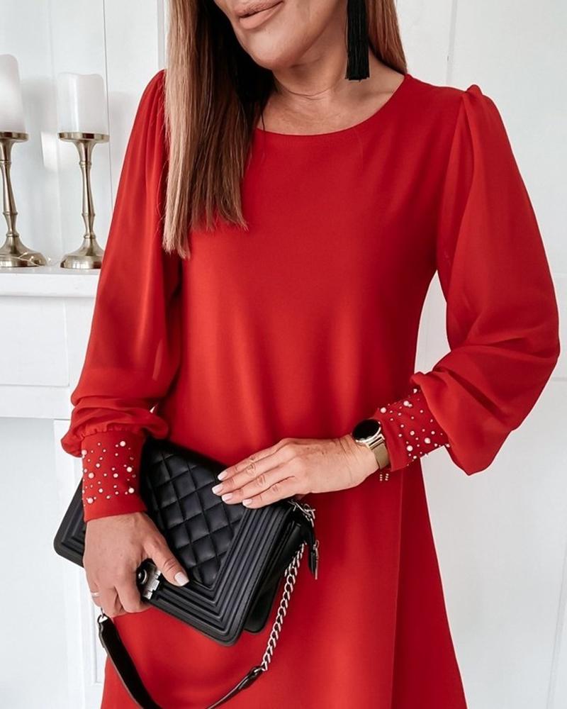 

Puff Sleeve Beaded Decor Dress, Red