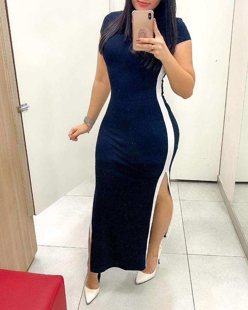

Striped Tape Insert Slit Bodycon Dress, Black