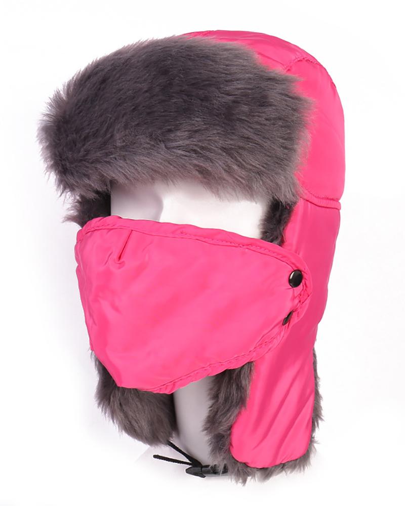 

Colorblock Warm Trapper Windproof Hat With Face Mask, Hot pink