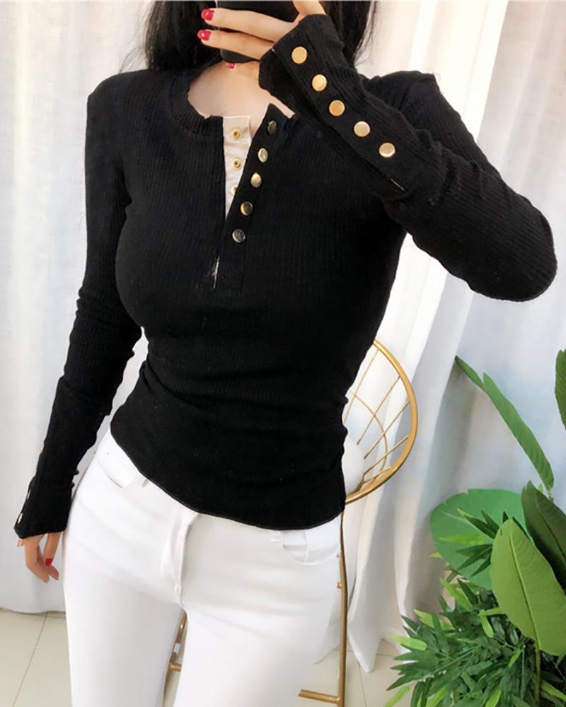 

Long Sleeve Ribbed Button Design T-shirt, Black
