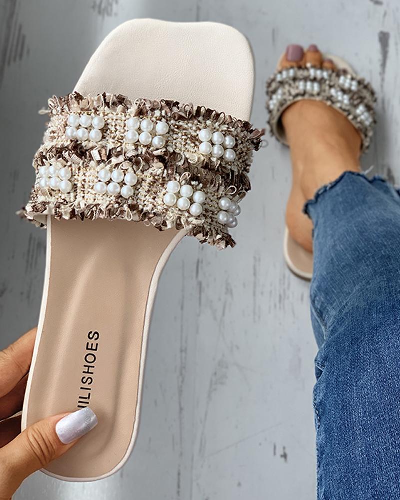 

Beaded Detail Tweed Mule Sliders, Beige