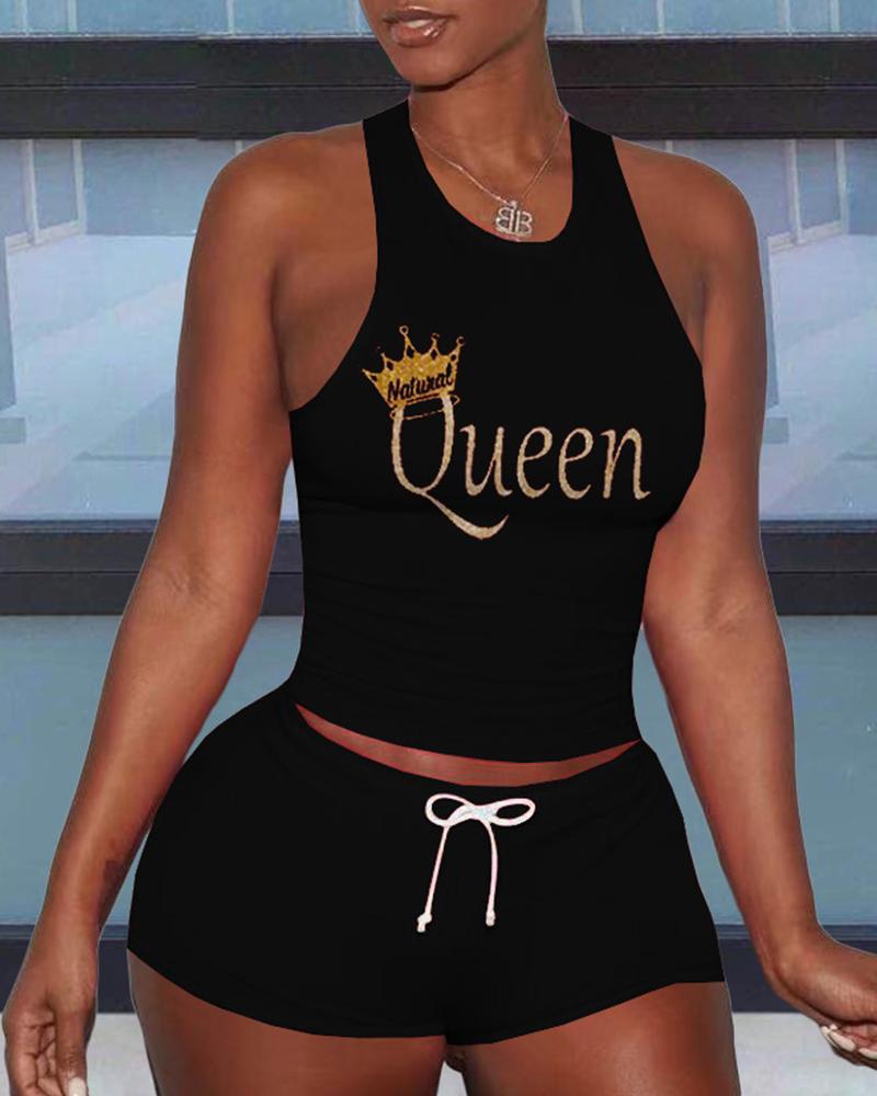 

Letter Print Sleeveless Cropped Top With Short Pants Active Sets, Black