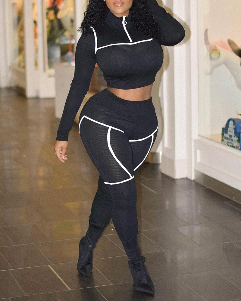 

Colorblock Zipper Front Crop Top & High Waist Pants Set, Black