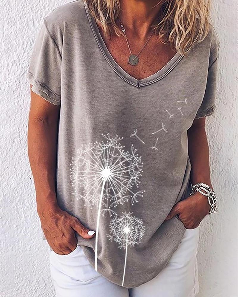 

Flower Print V-neck Short Sleeve Casual T-shirt, Gray