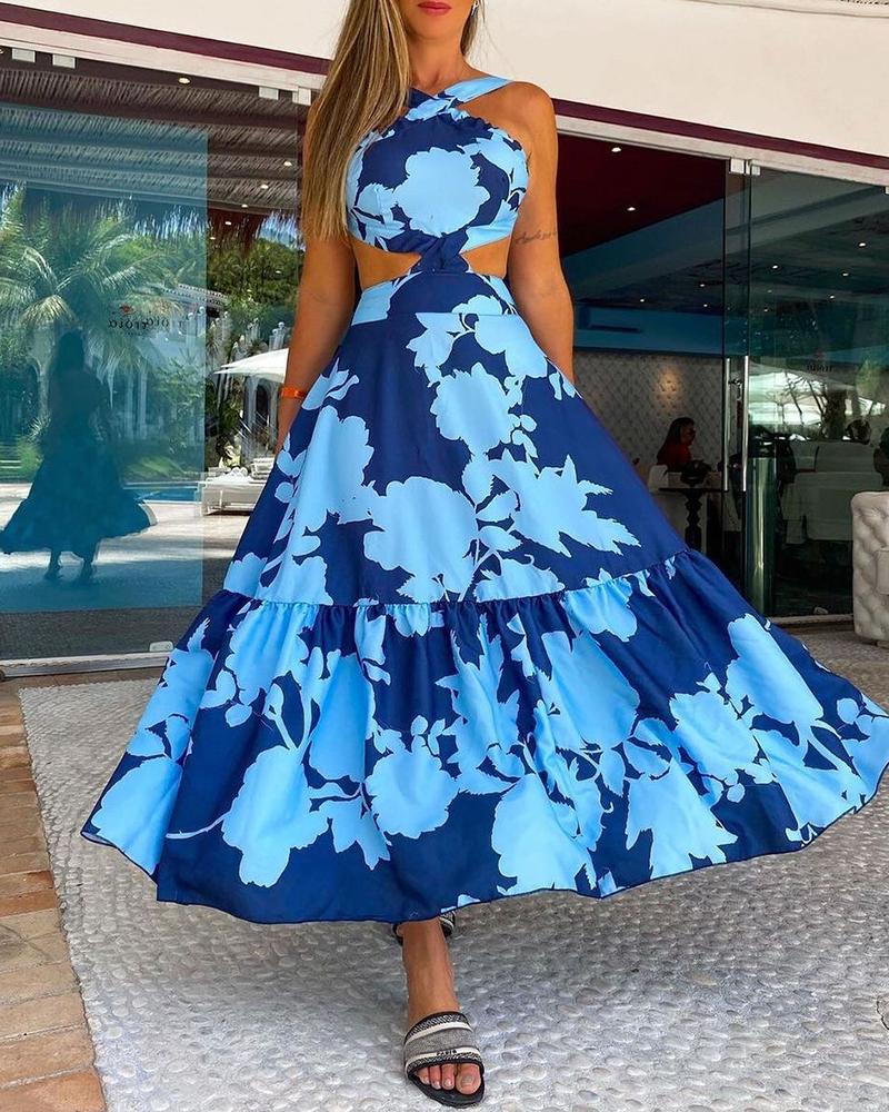 

Cutout Waist Floral Print Maxi Dress, Blue