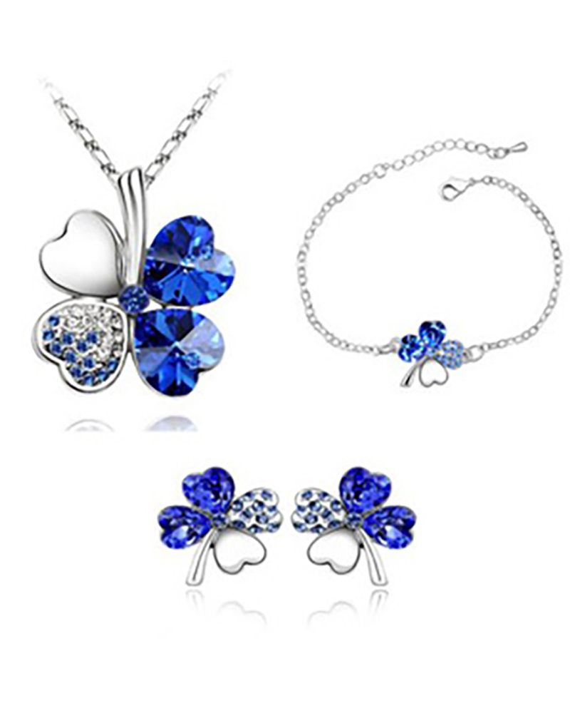 

4PCS Clover Pattern Colorblock Pendant Necklace & Earrings & Bracelet Set, Dark blue