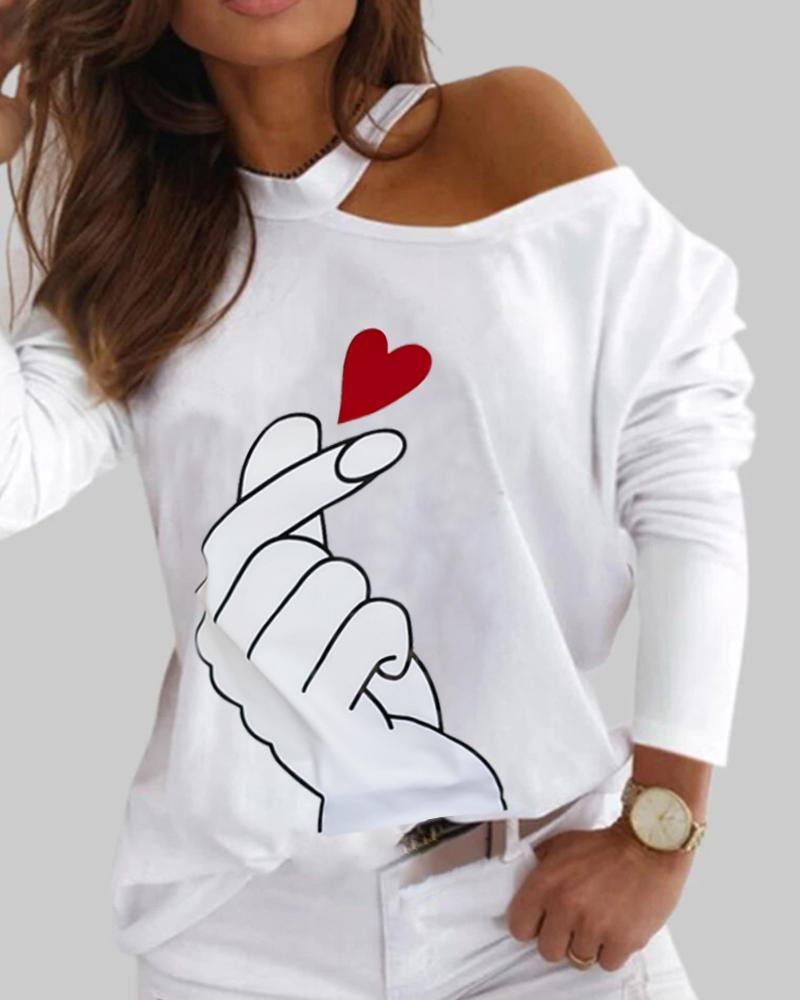 

Heart Slogan Print One Shoulder Long Sleeve Top, White