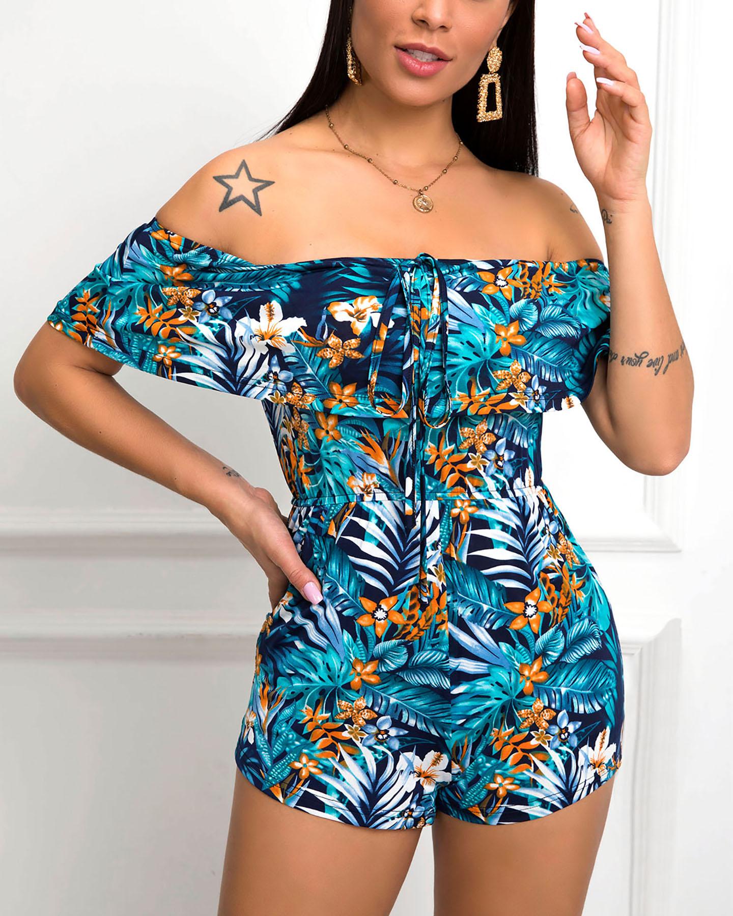 

Off Shoulder Fold-Over Tropical Print Romper, Multicolor