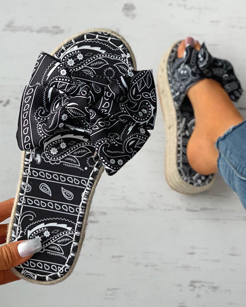 

Print Bowknot Espadrille Platform Sandals, Black