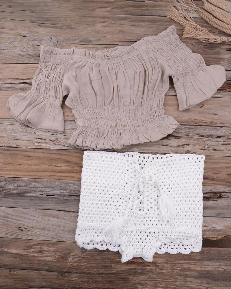 

Off Shoulder Hollow Out Crochet Tankini Set, Khaki
