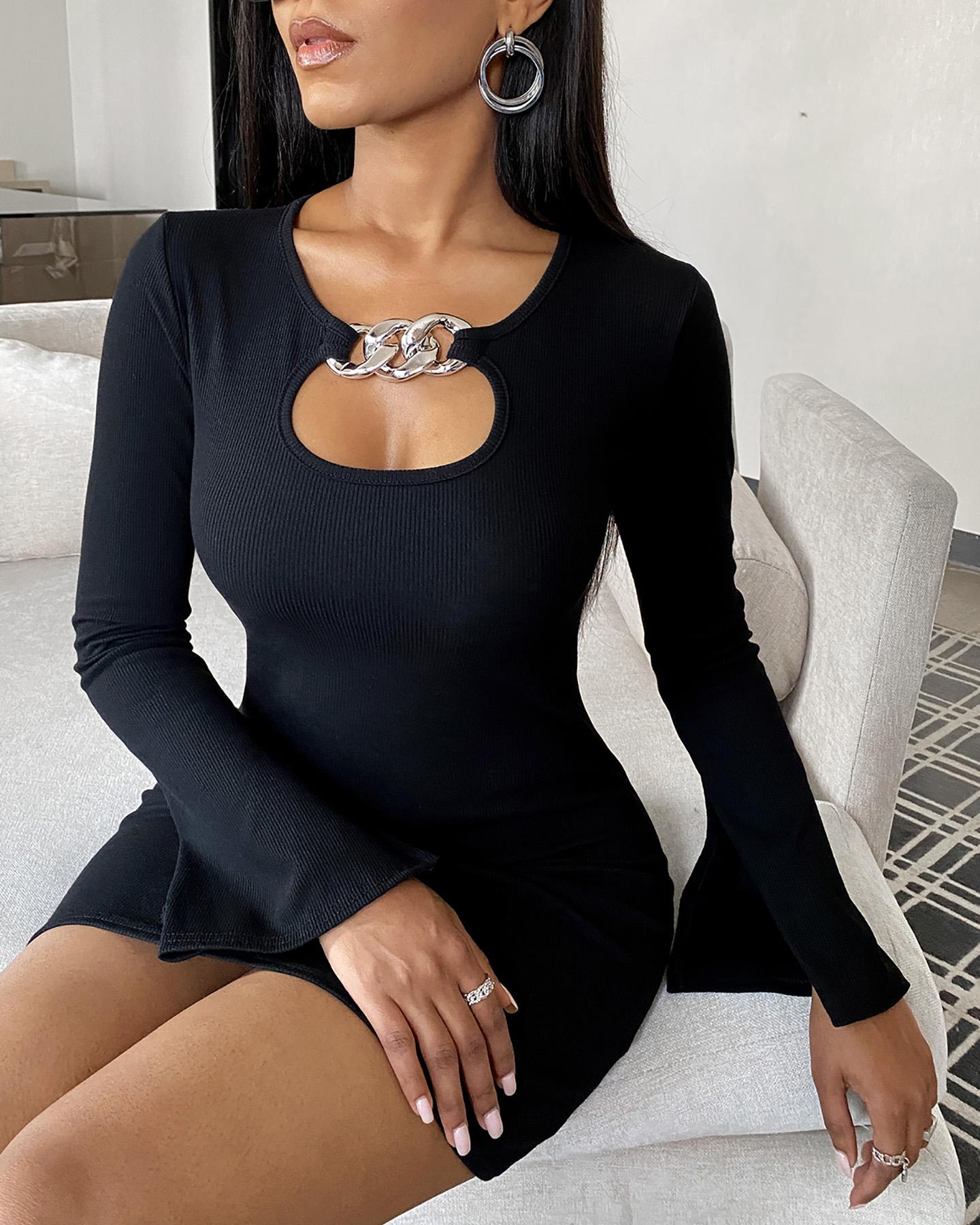 

Chain Decor Bell Sleeve Bodycon Women Dress, Black