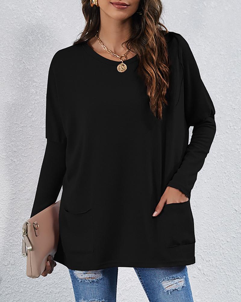 

Plain Pocket Design Long Sleeve Women Top, Black