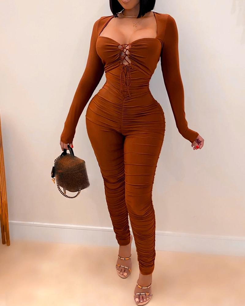 

Plain Lace-up Ruched Skinny Jumpsuit, Brown