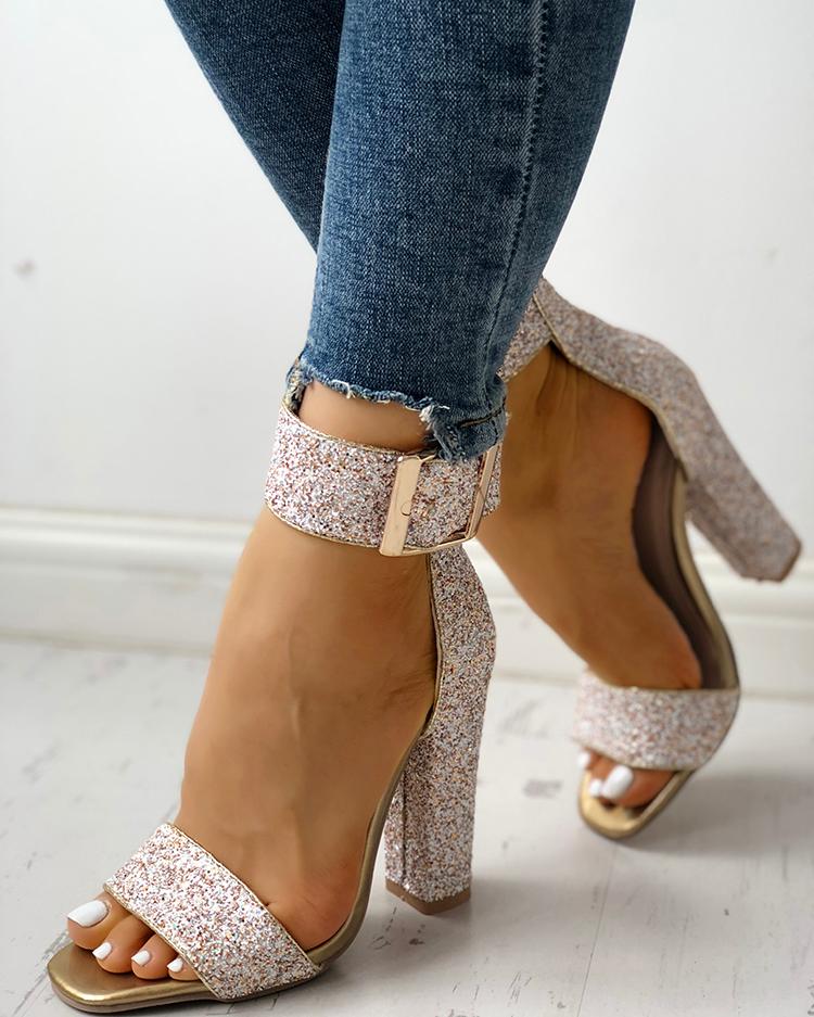 stylish sequin open toe chunky heeled sandals