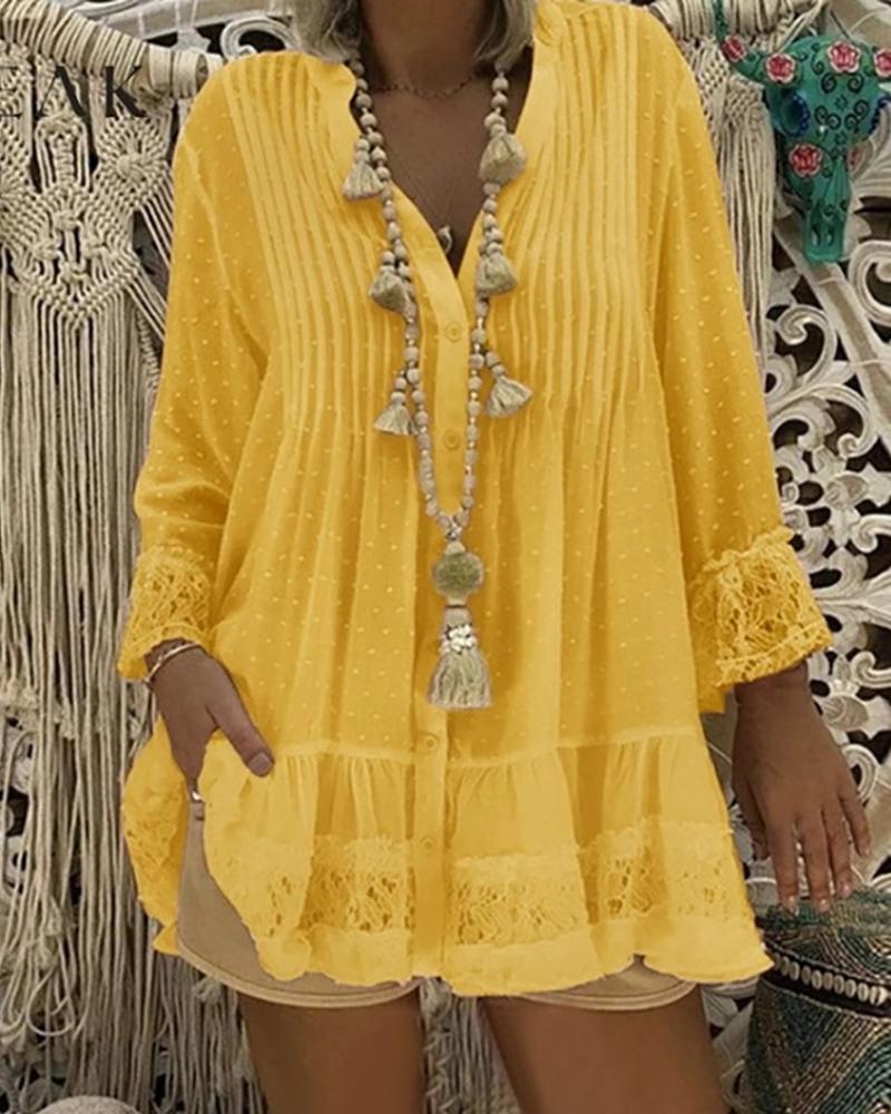 

Swiss Dot Lace Insert Ruffles Top, Yellow