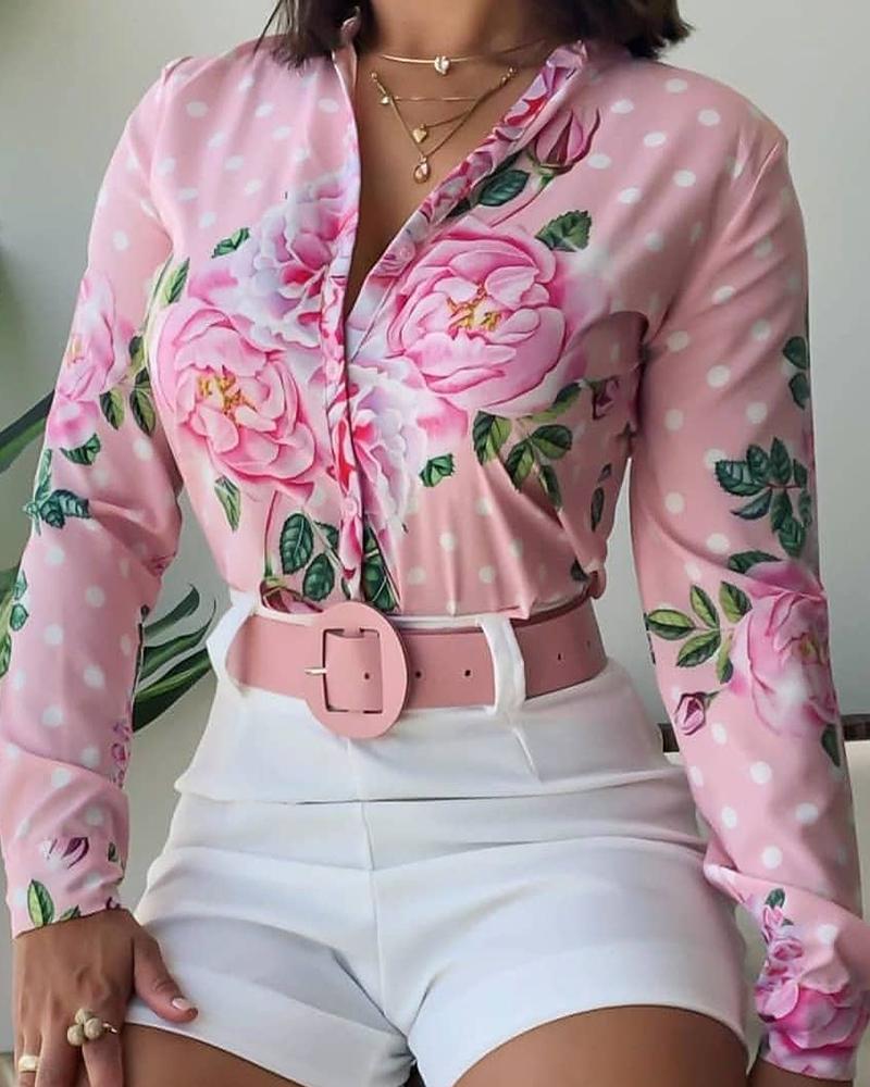 

Floral Dot Print Button Design Long Sleeve Shirt, Pink