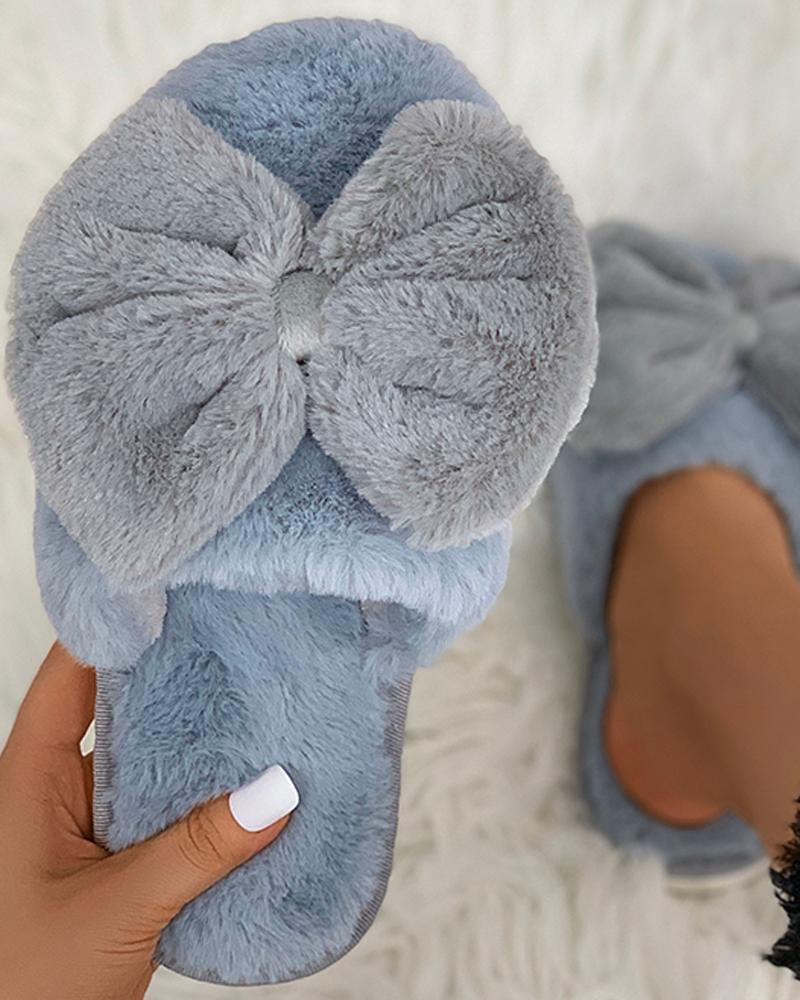 

Bowknot Fluffy Slippers, Gray