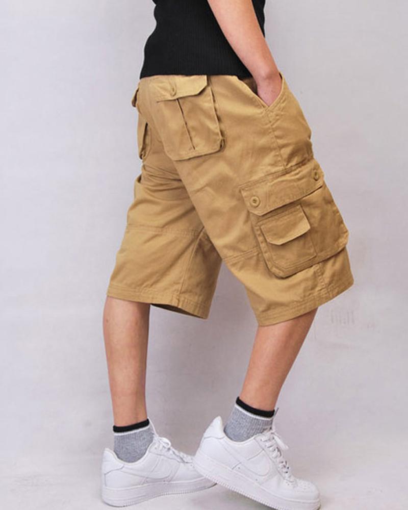 

Solid Color Loose Short Cargo Pants With Pockets, Khaki