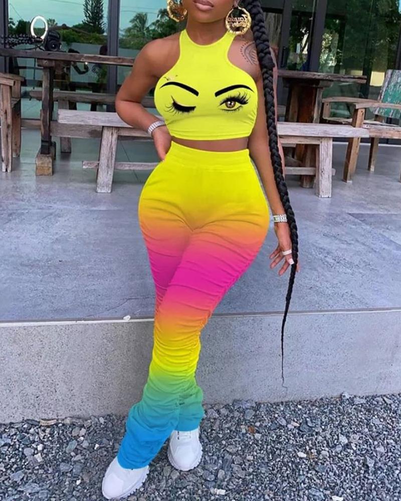 

Colorblock Sleeveless Eyes Print Top & Pants Set, Yellow