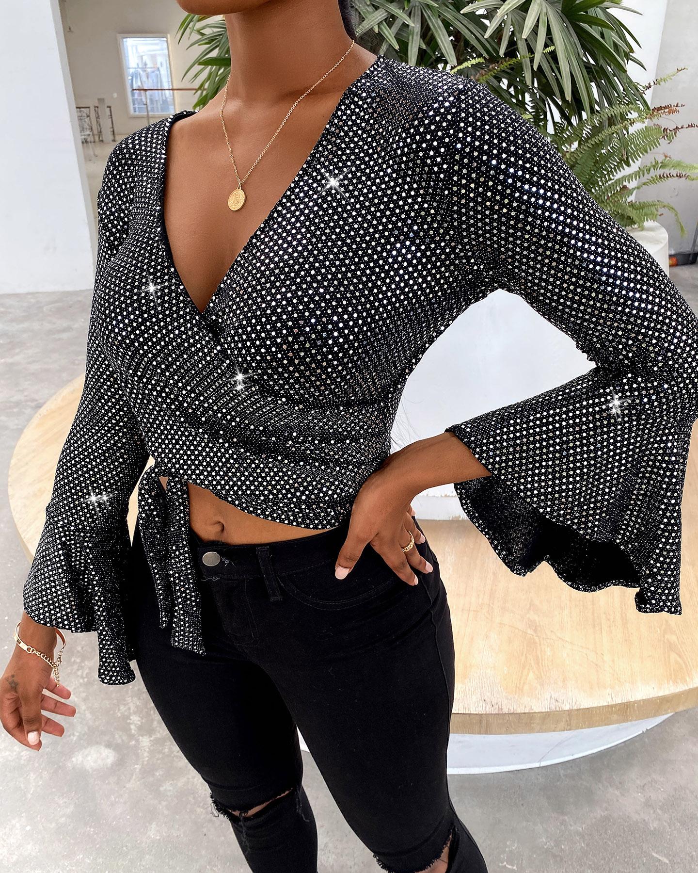 

Sequins Studded Bell Sleeve Tie Detail Cop Top, Black