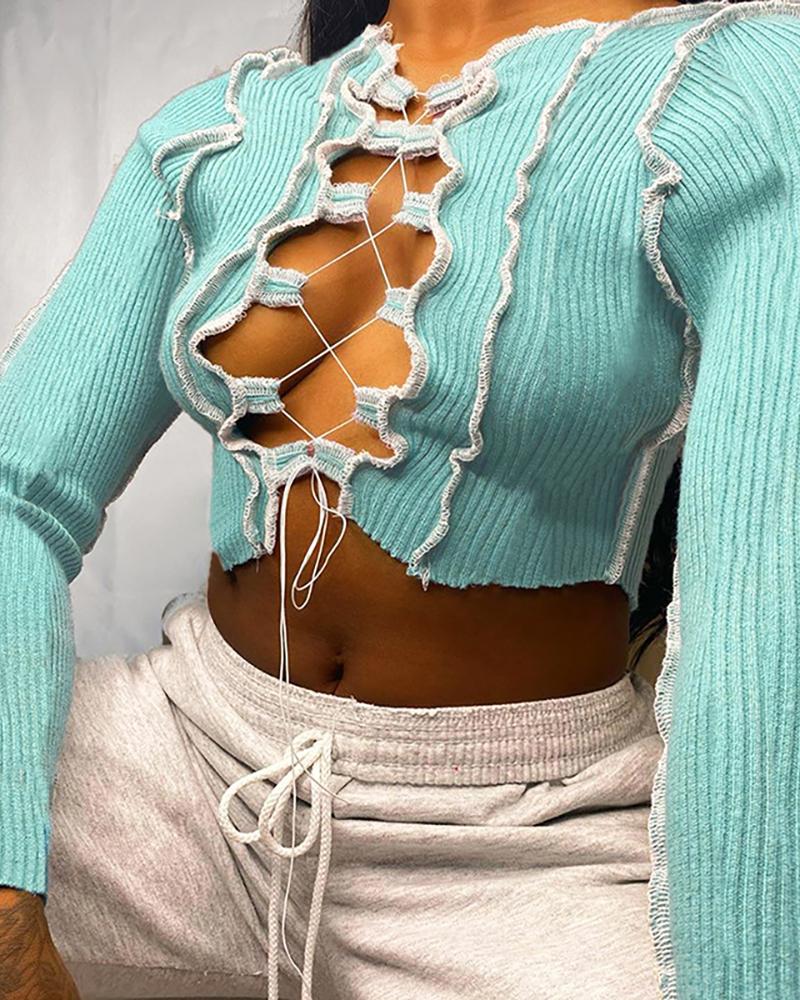 

Frill Hem Contrast Binding Lace-up Crop Top, Light blue