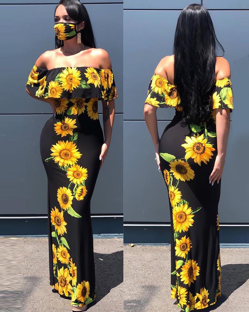 

Sunflower Print Off Shoulder Maxi Dress, Black
