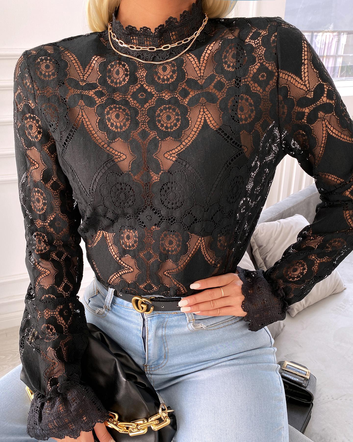 

Floral Pattern Lace Bell Sleeve Blouse, Black
