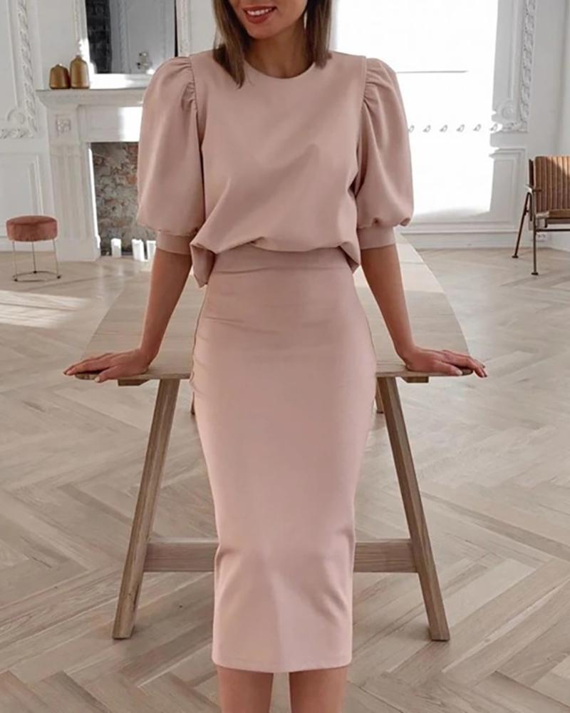 

Puffed Sleeve Plain Top & Skirt Set, Pink